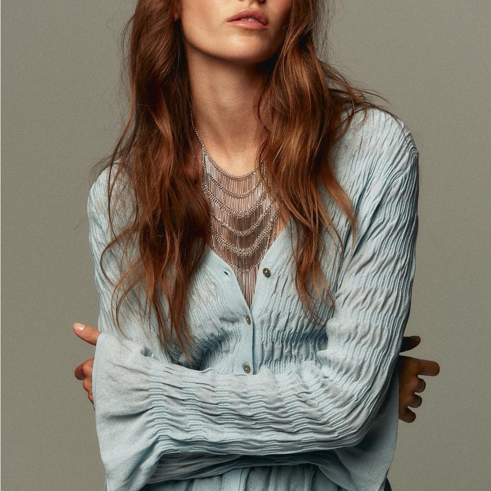ZARA Light Blue Button-Up GATHERED KNIT CARDIGAN
